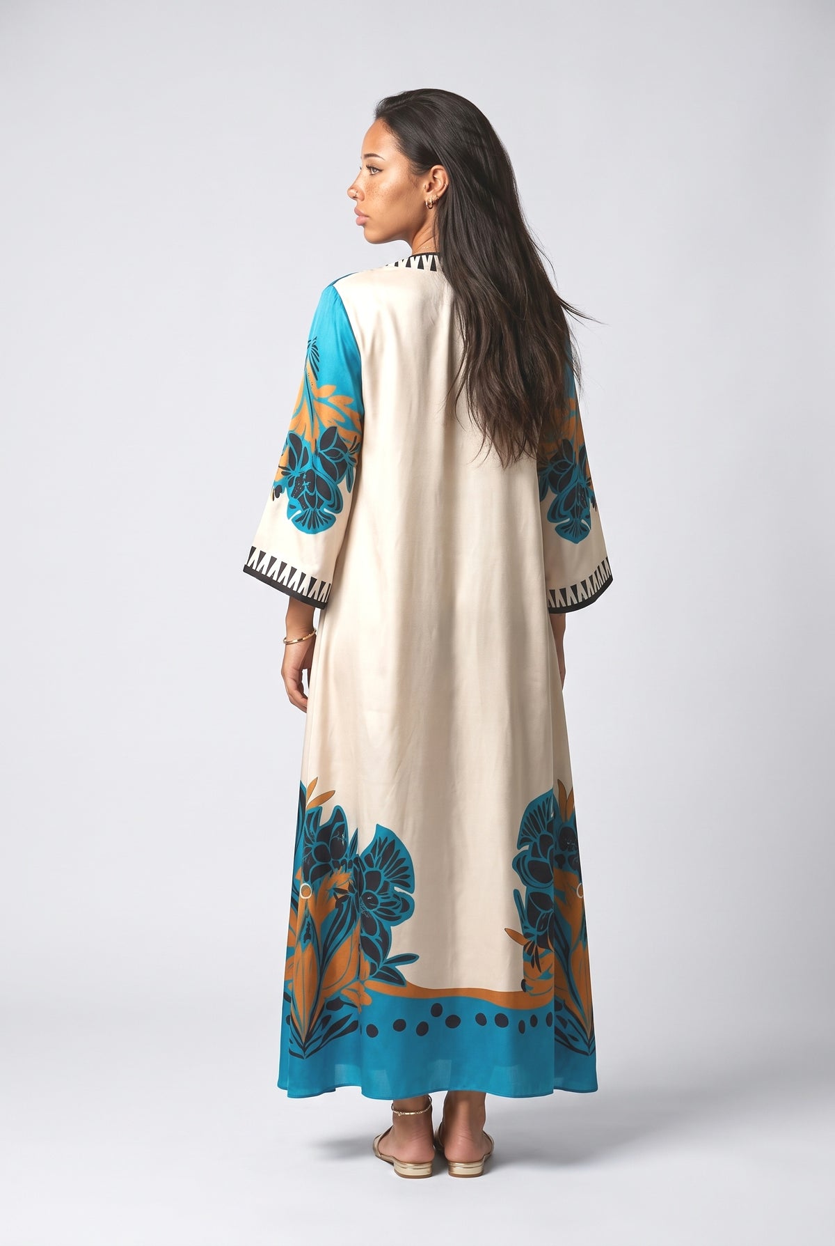 Beige Floral Satin Maxi Dress, back view
