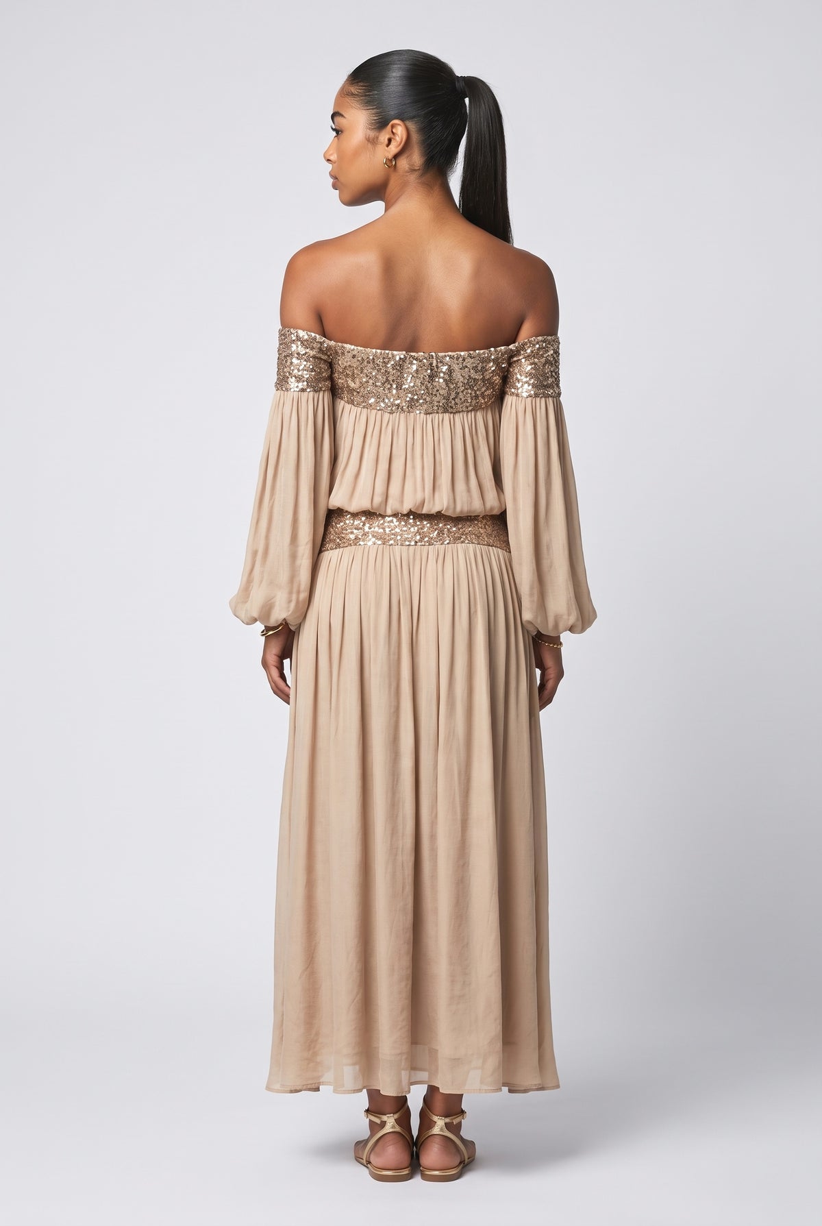 Beige Sequin Off-Shoulder Flowy Outfit Set, back view