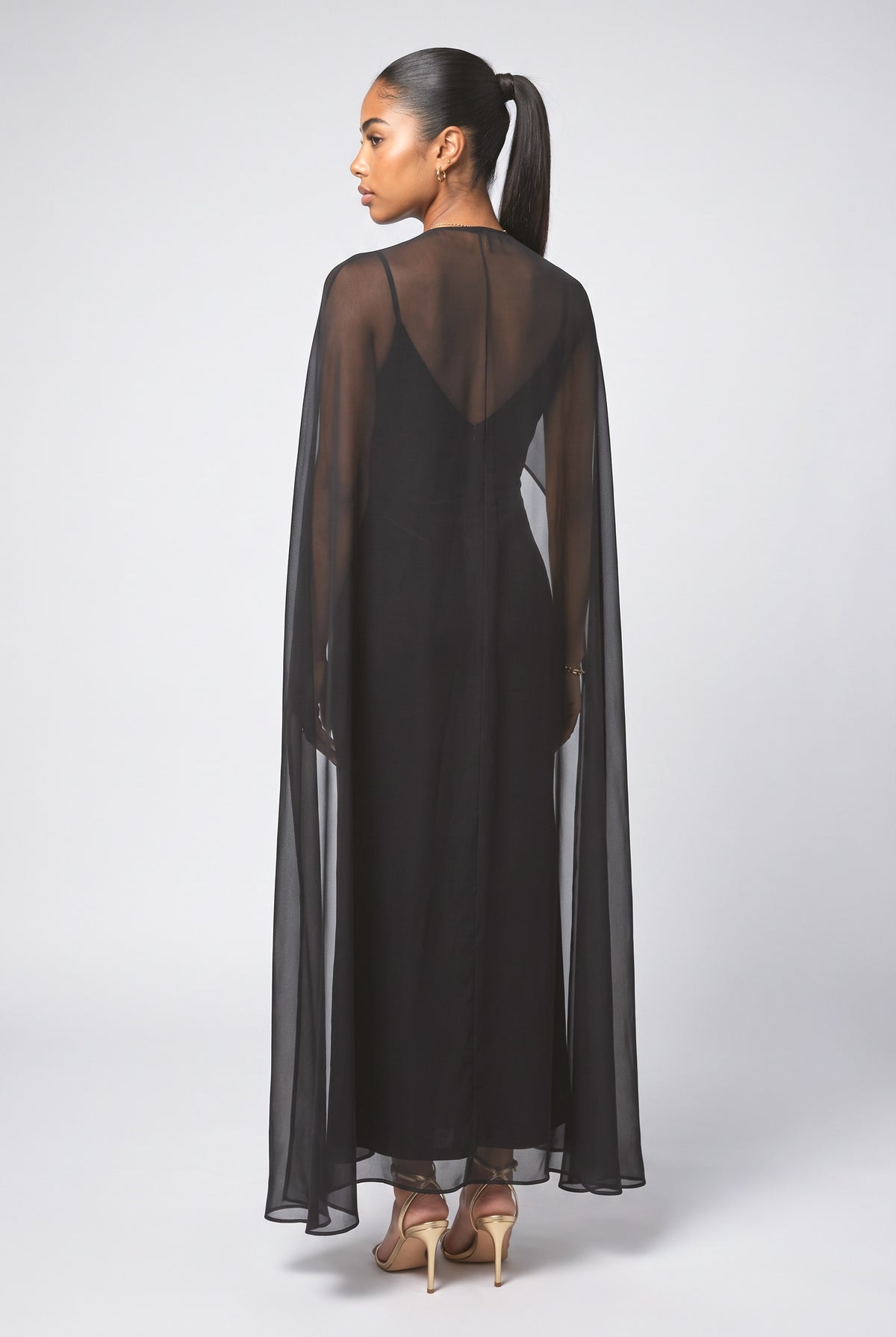 Black Sheer V-Neck Sleeveless Maxi Dress, back view