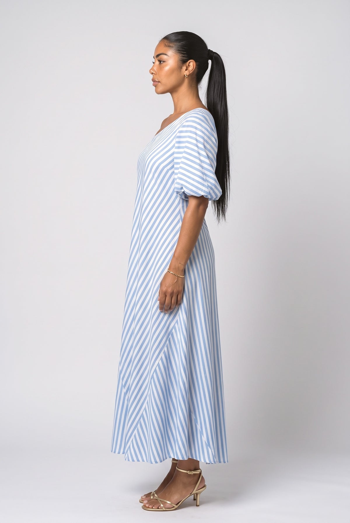 One-Shoulder Striped Puff Sleeve Maxi Dress, back view