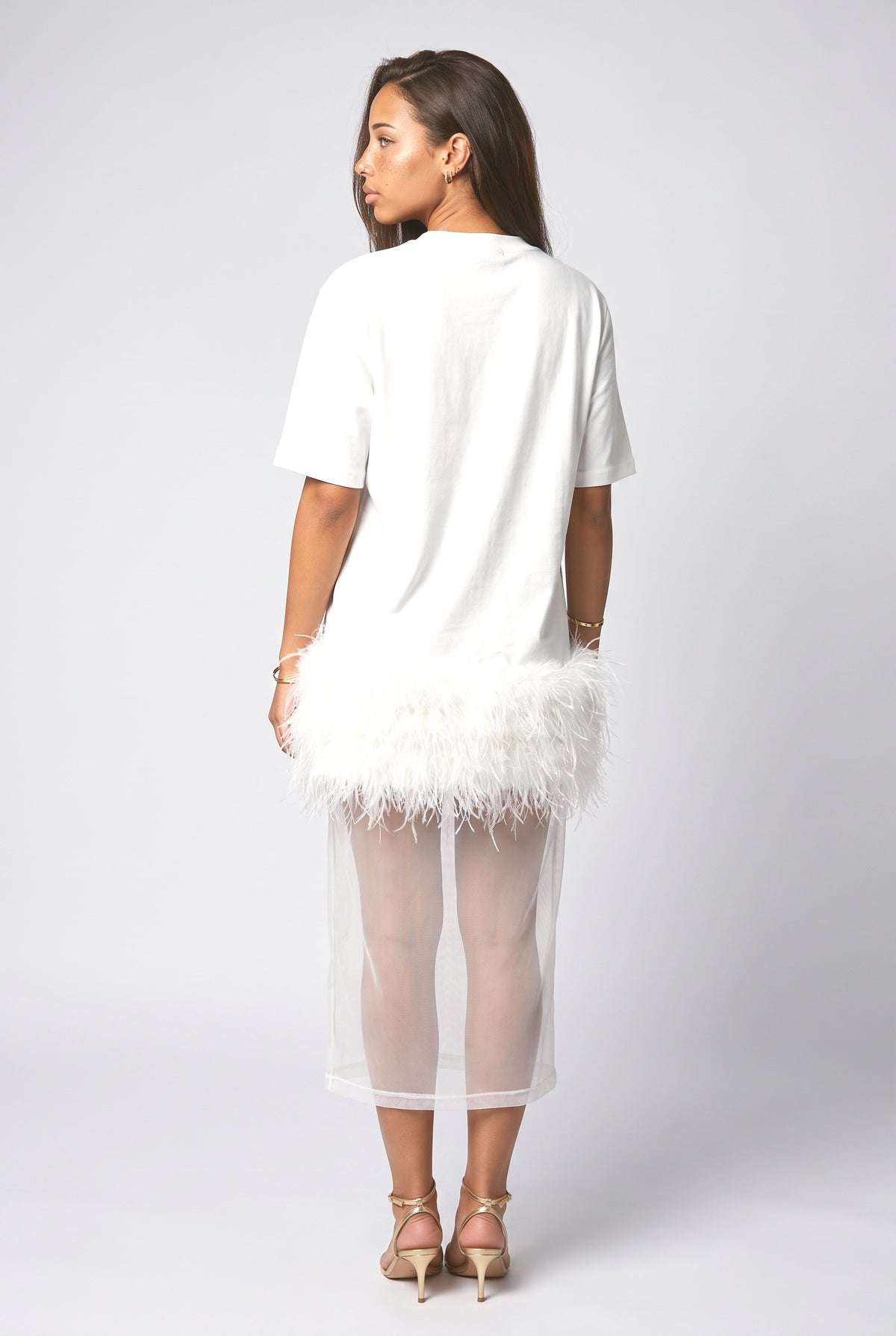 White Mesh Feather Trim Outfit Set, back view