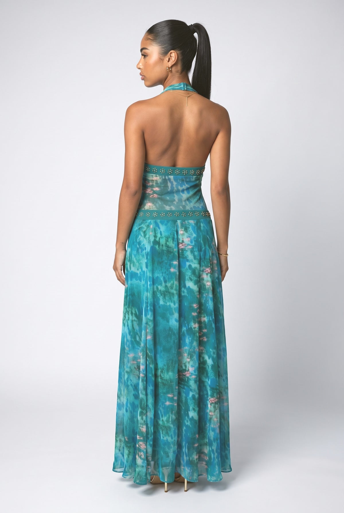 Blue Tie-Dye Chiffon V-Neck Maxi Dress, back view