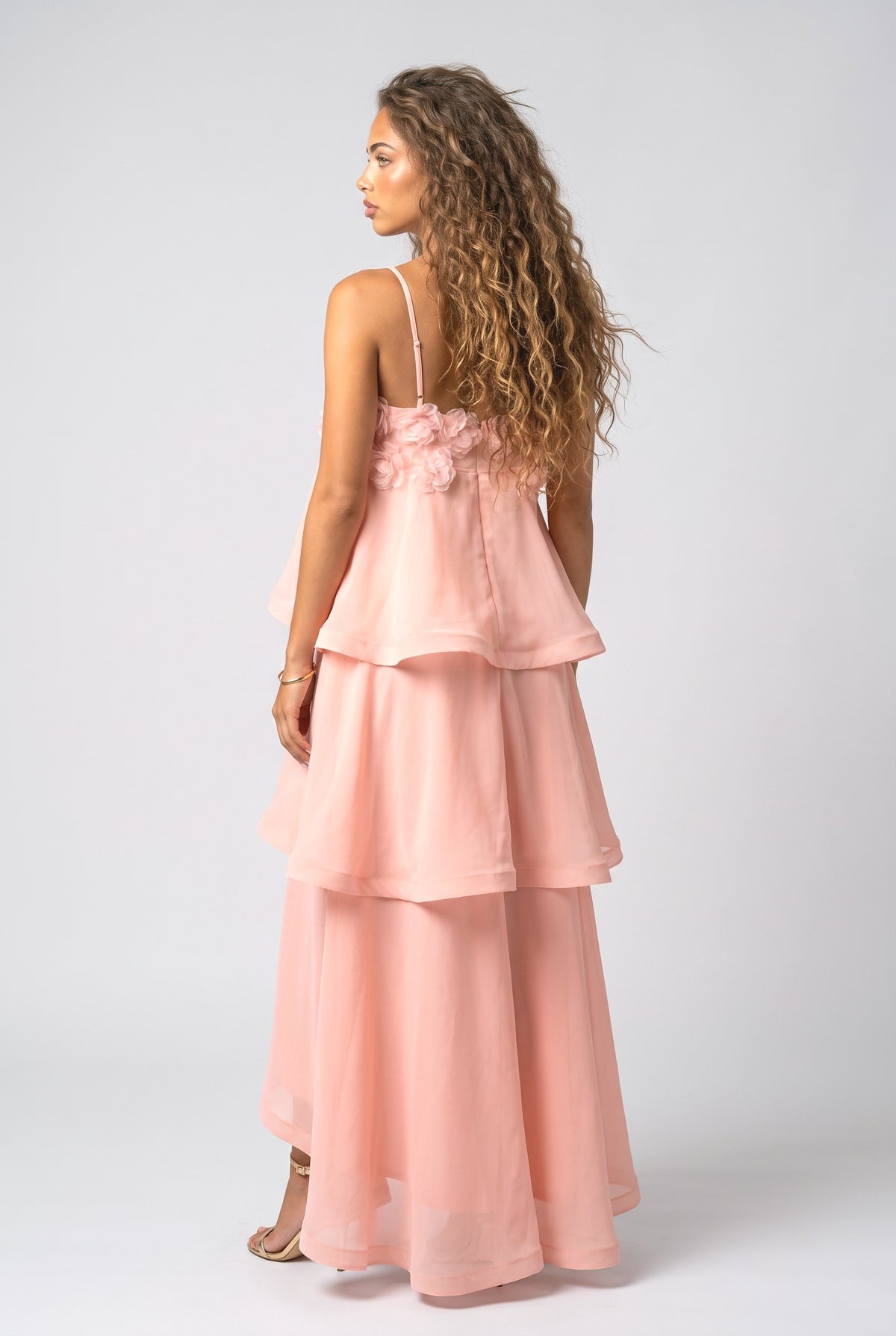 3D Floral Applique Tiered Gown Maxi Dress, back view