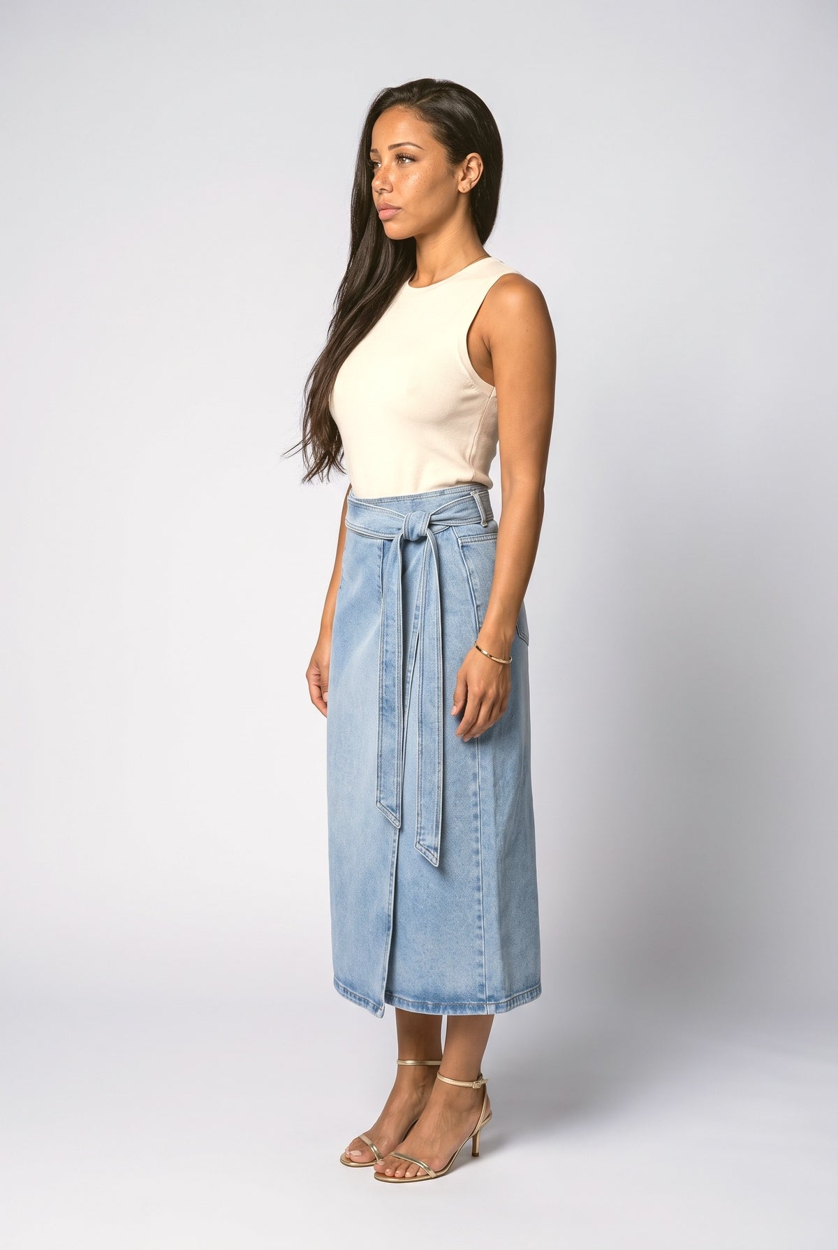 Denim Wrap Midi Skirt, back view