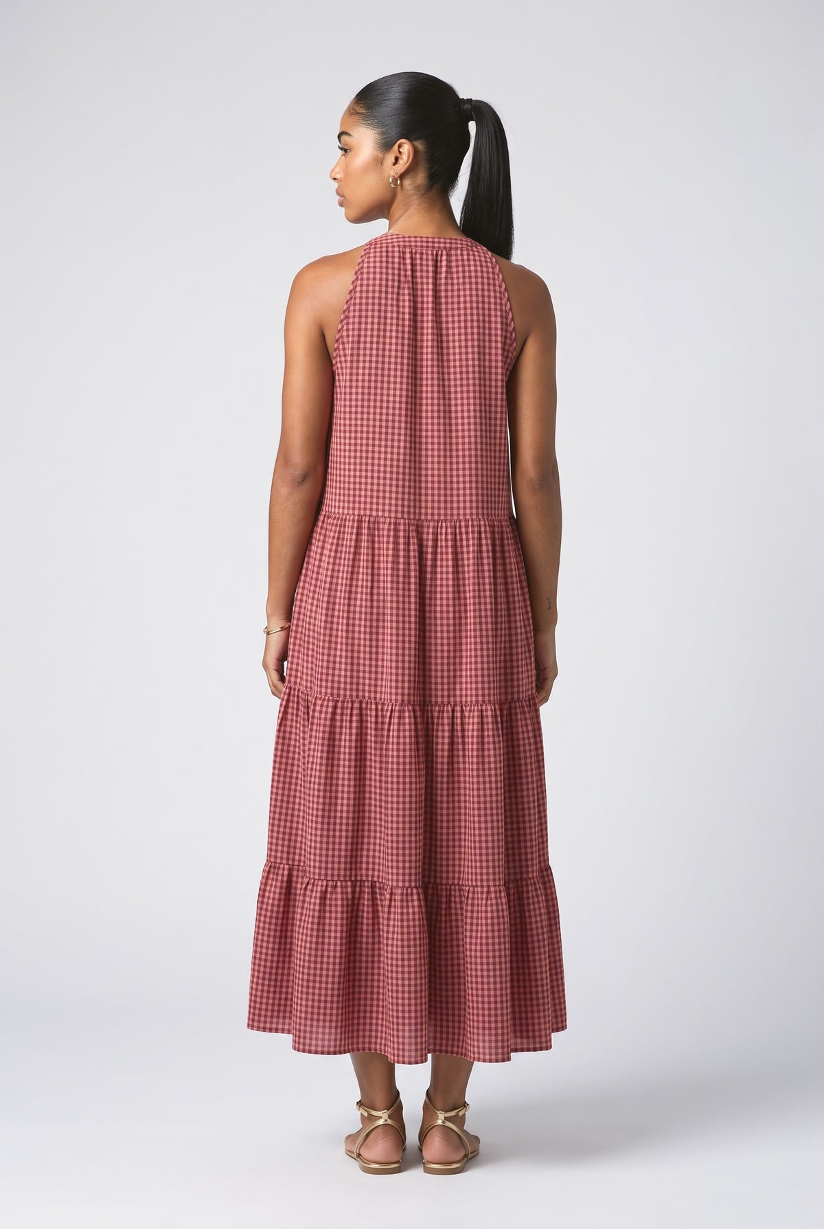 Red Striped Pleated Maxi Dress, back view