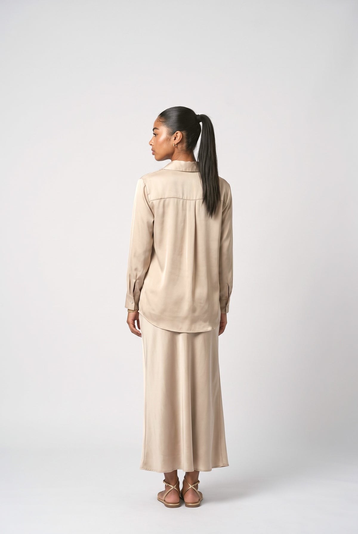 Beige Satin Flowy Outfit Set, back view