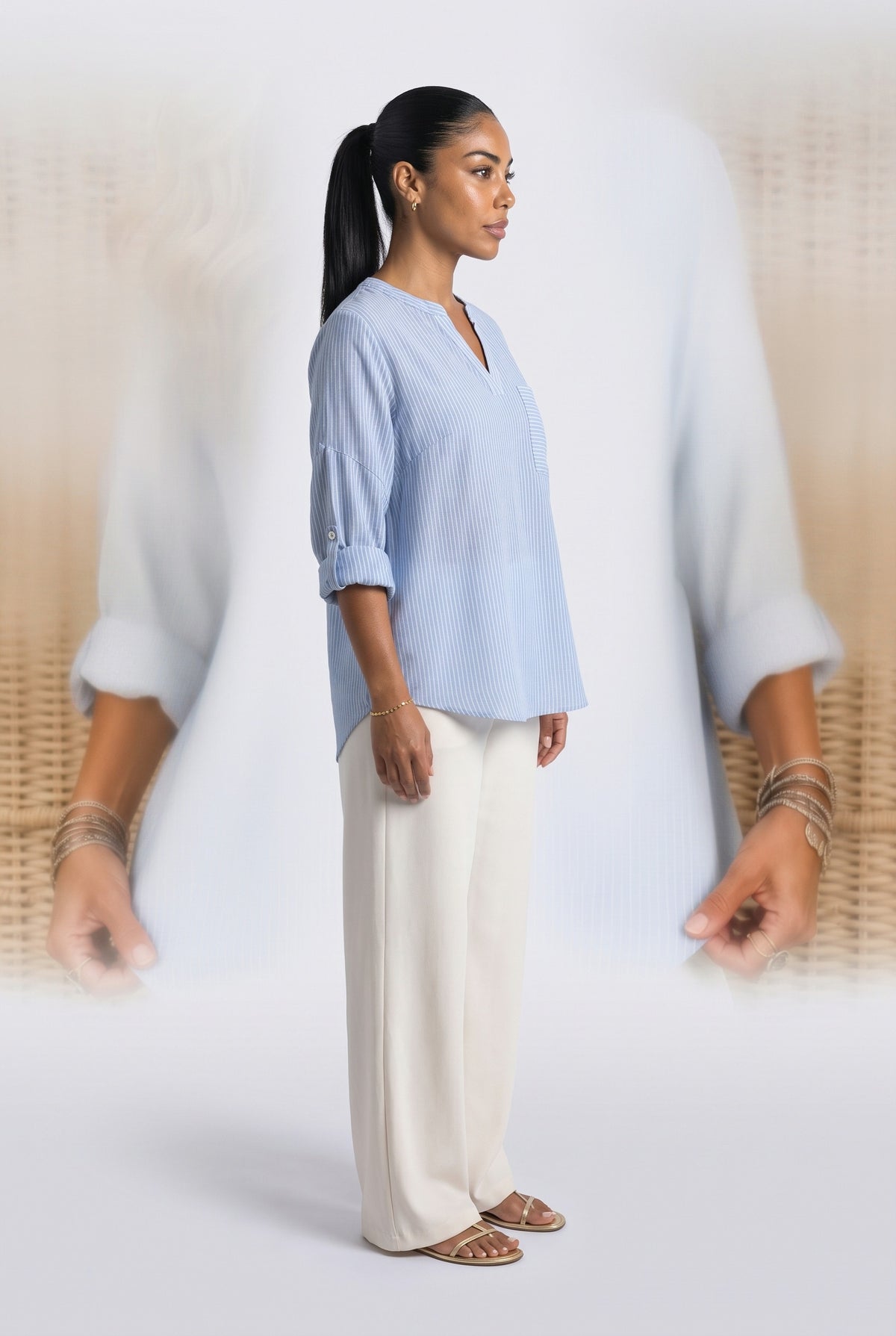 V-Neck Striped Asymmetric Blouse, back view