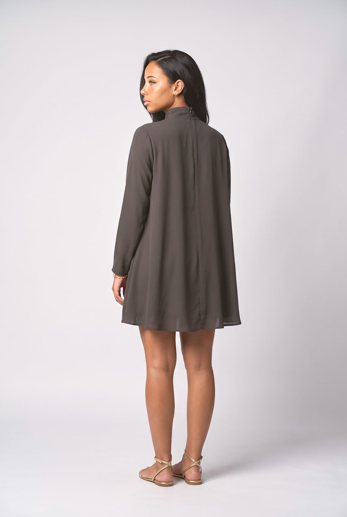 Blue High Neck Flowy Mini Dress, back view