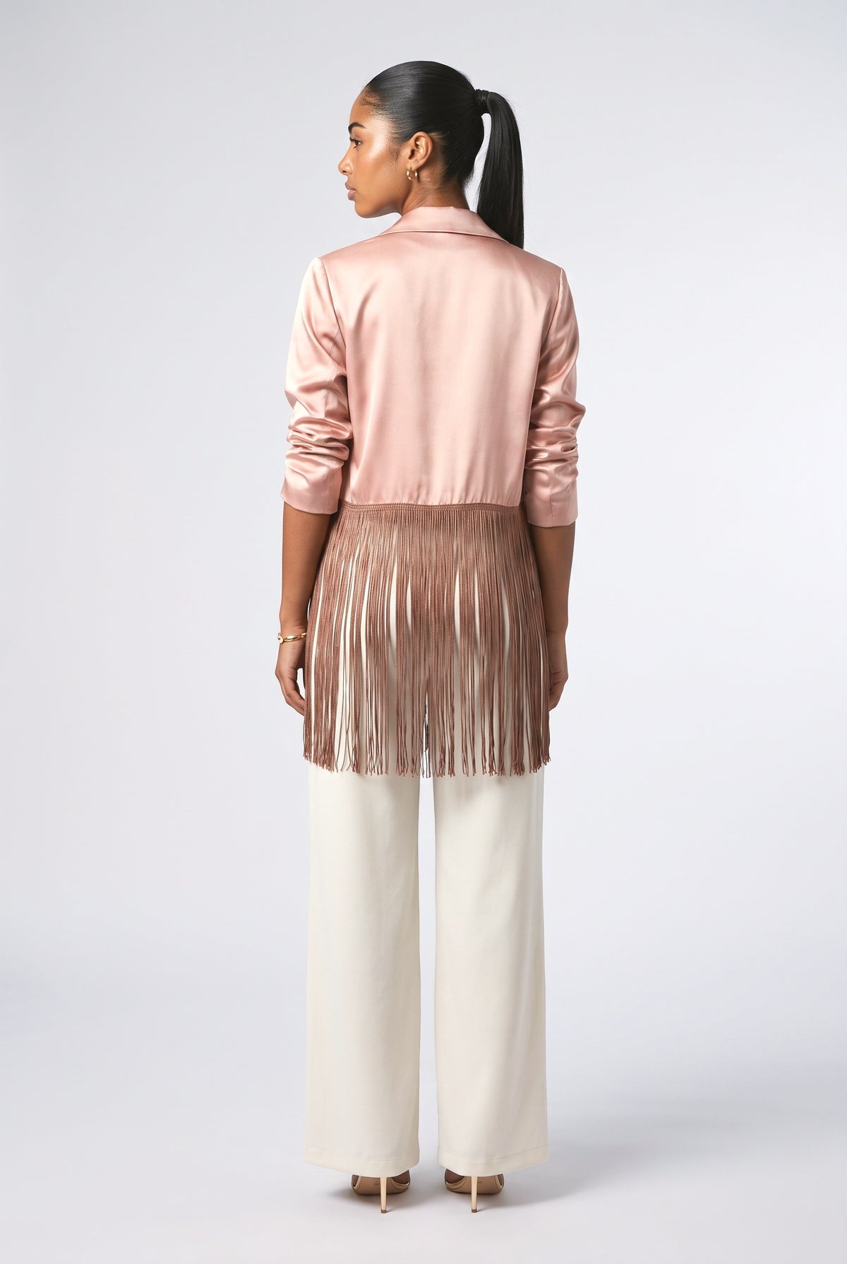 Pink Satin Fringe Top, back view