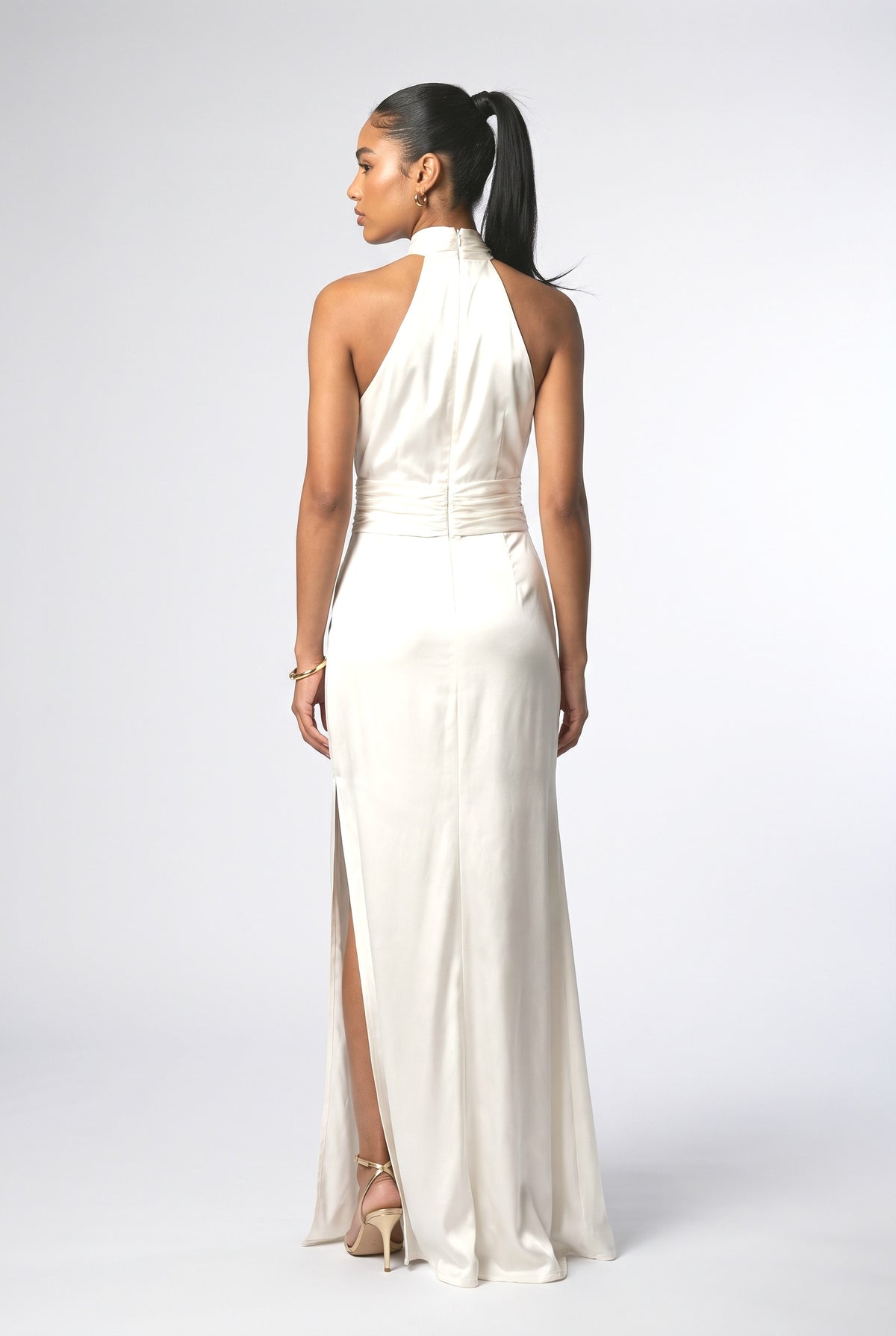 Satin Halter Neck Ruched Maxi Dress, back view