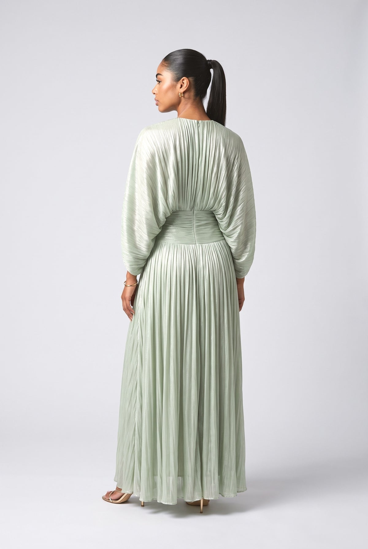Green Batwing Sleeve Pleated Maxi Dress, back view