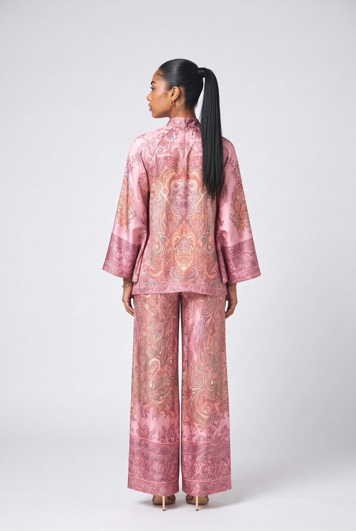 Pink Paisley Satin Batwing Sleeve Outfit Set, back view