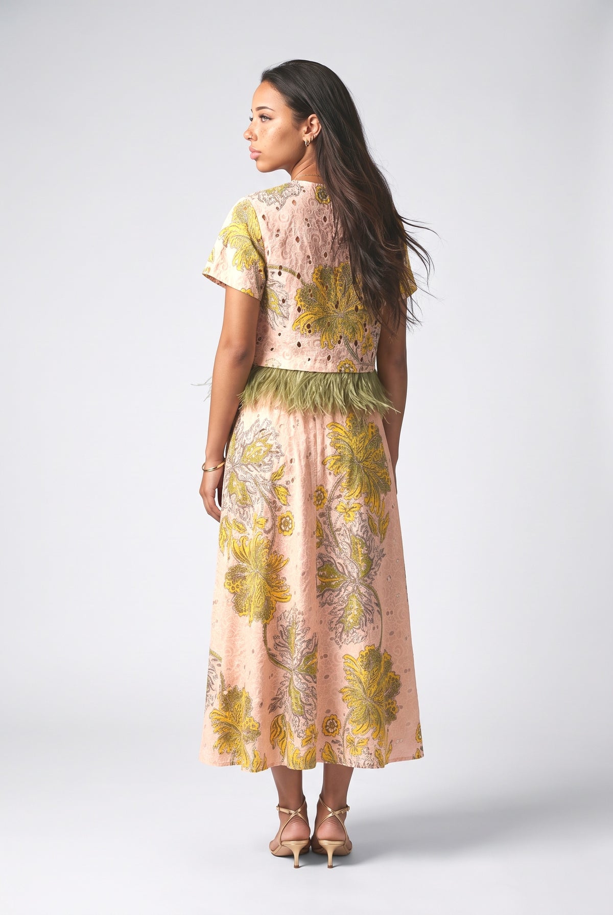 Multicolor Paisley Feather Trim Outfit Set, back view
