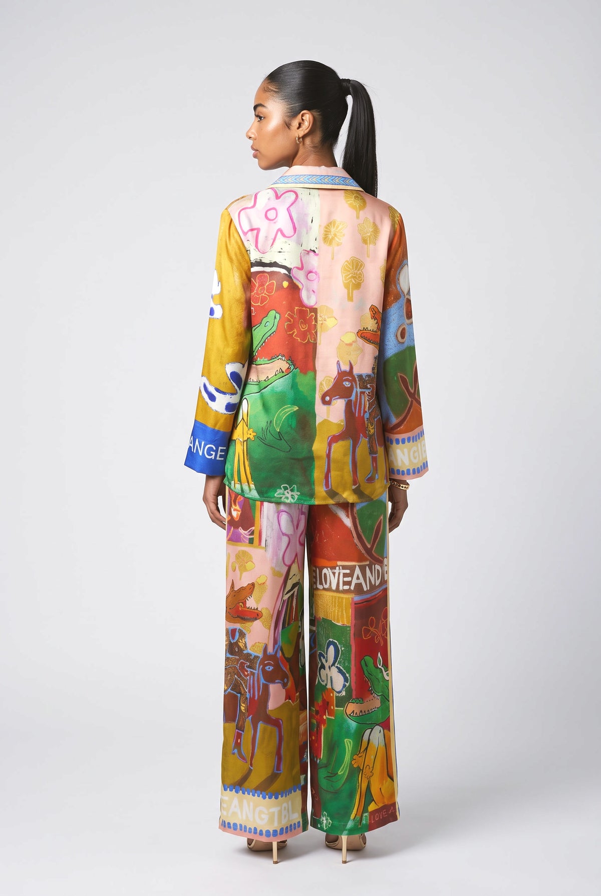 Multicolor Abstract Satin Outfit Set, back view