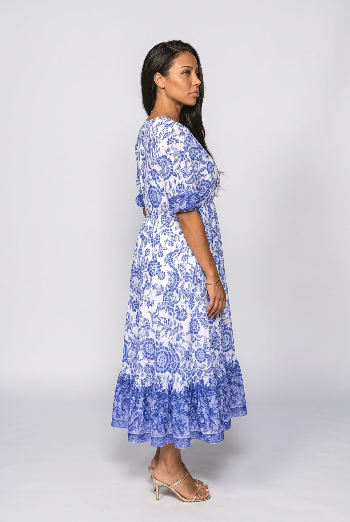 V-Neck Floral Tiered Midi Dress, back view