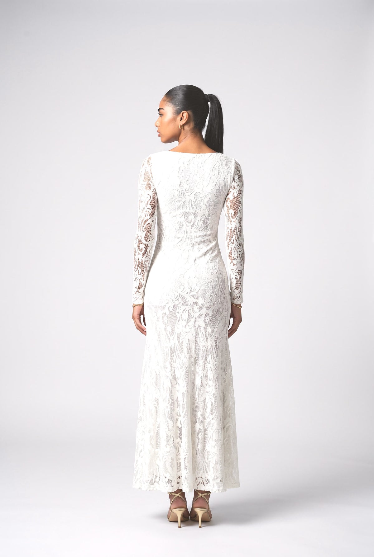White Lace Square Neck Maxi Dress, back view