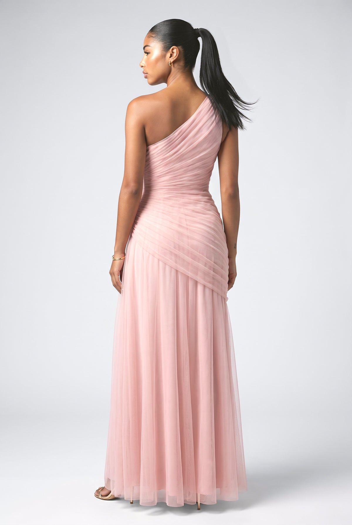 Tulle One-Shoulder Ruched Maxi Dress, back view