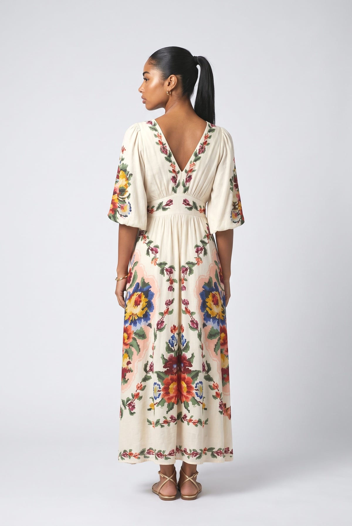 Beige Floral V-Neck Empire Waist Maxi Dress, back view