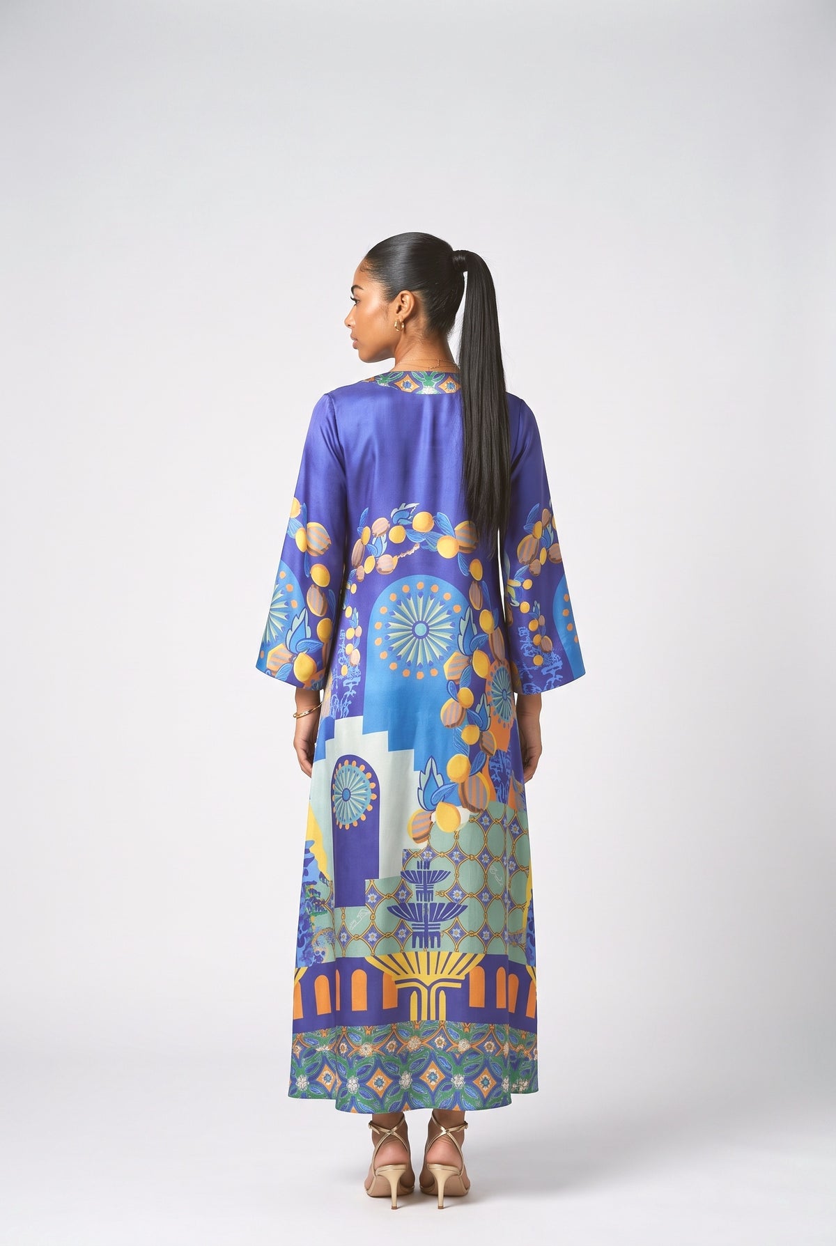 Blue Satin Maxi Dress, back view