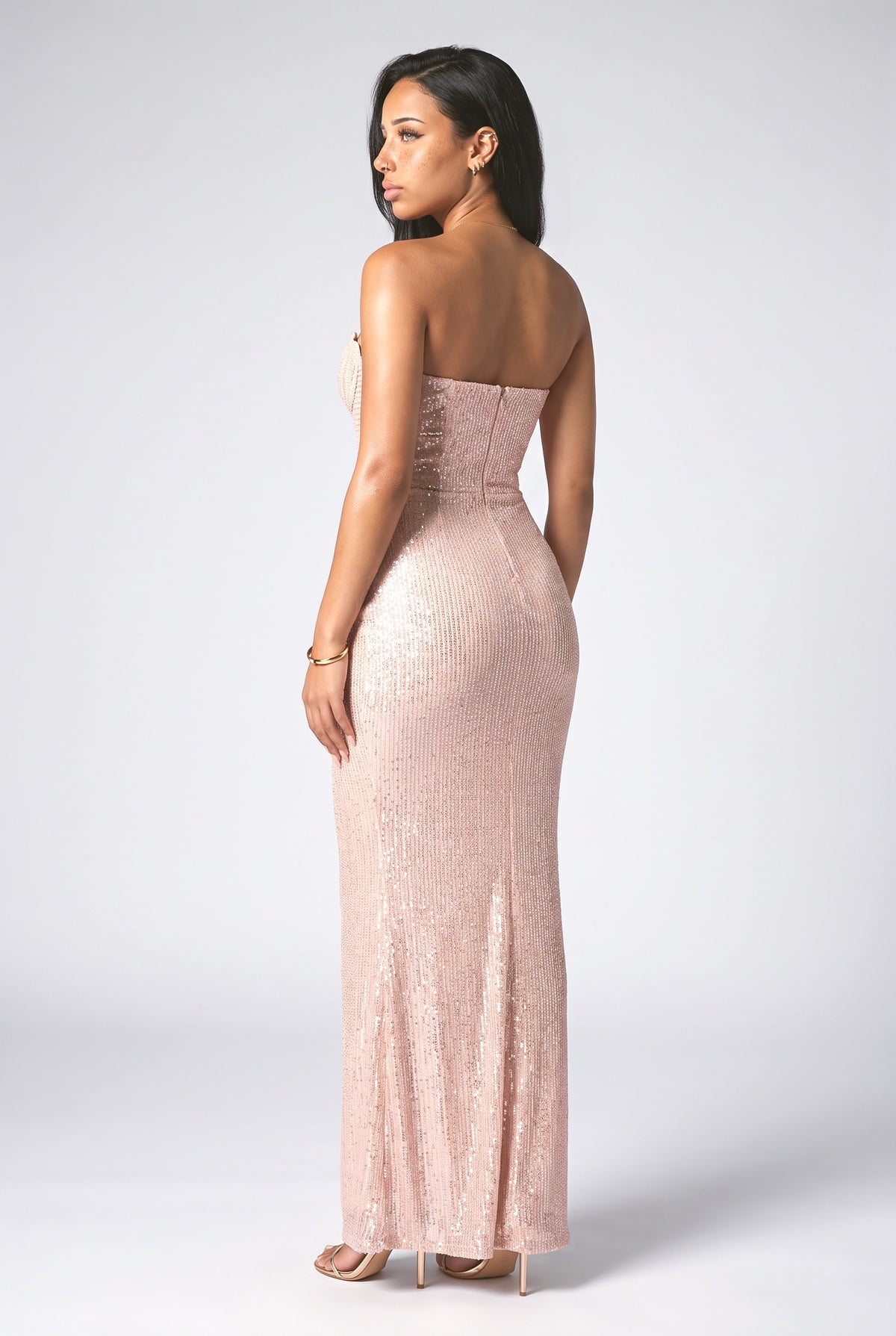 Orange Sequin Strapless Mermaid Maxi Dress, back view