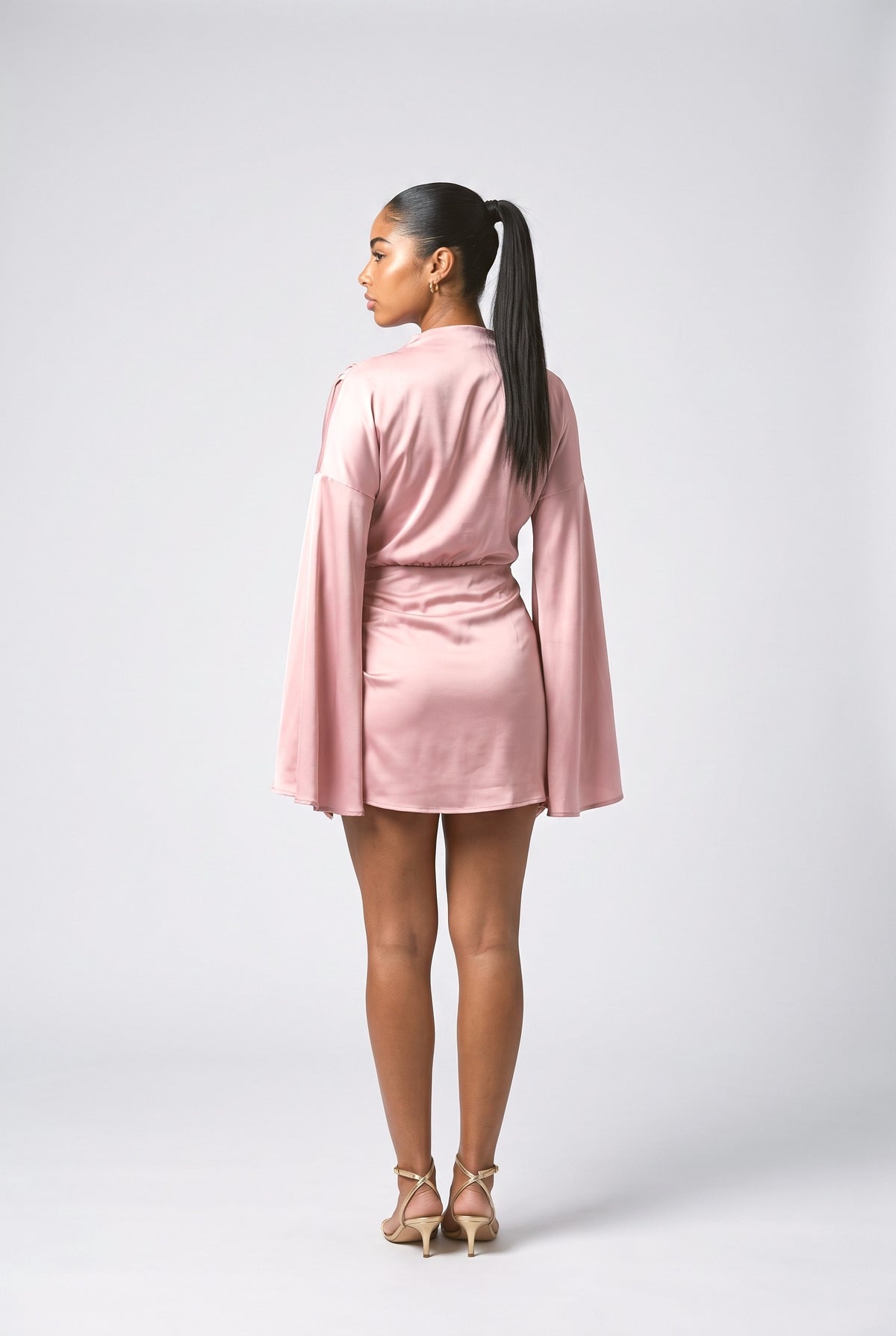 Pink Satin Bell Sleeve Pleated Mini Dress, back view