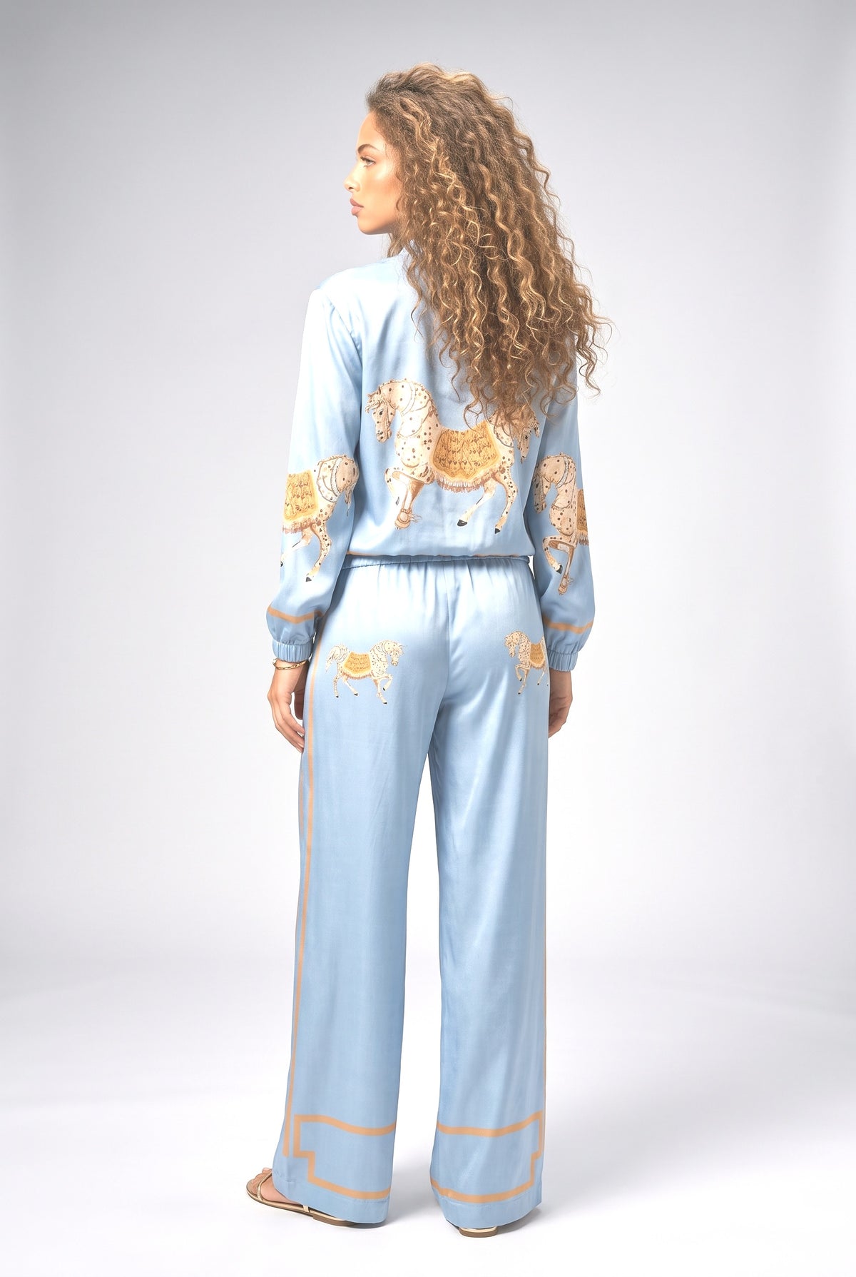 Satin Horse Print Zip Jacket & Wide-Leg Pants Two-Piece Set, back view