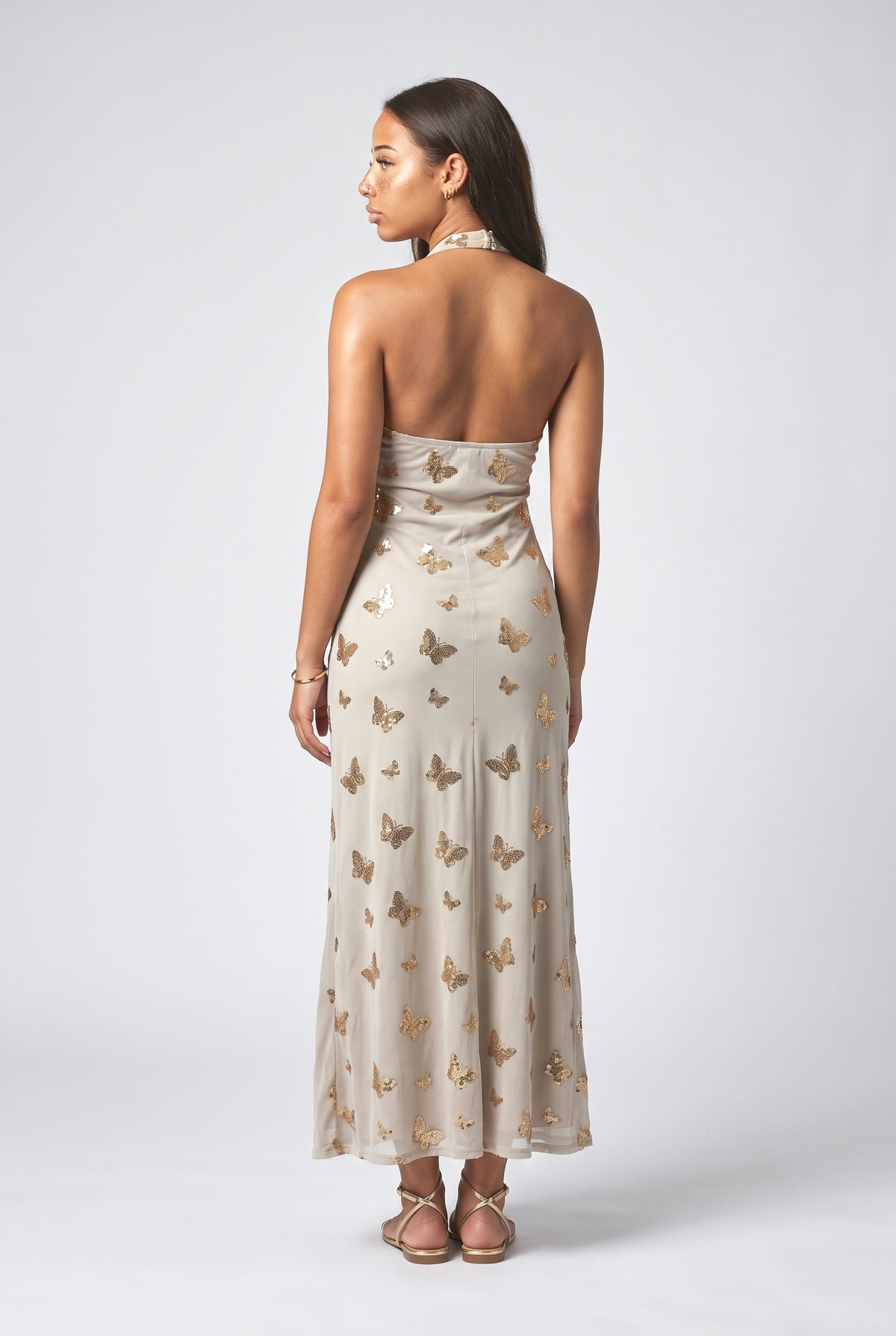 Beige Sequin Halter Neck Maxi Dress, back view