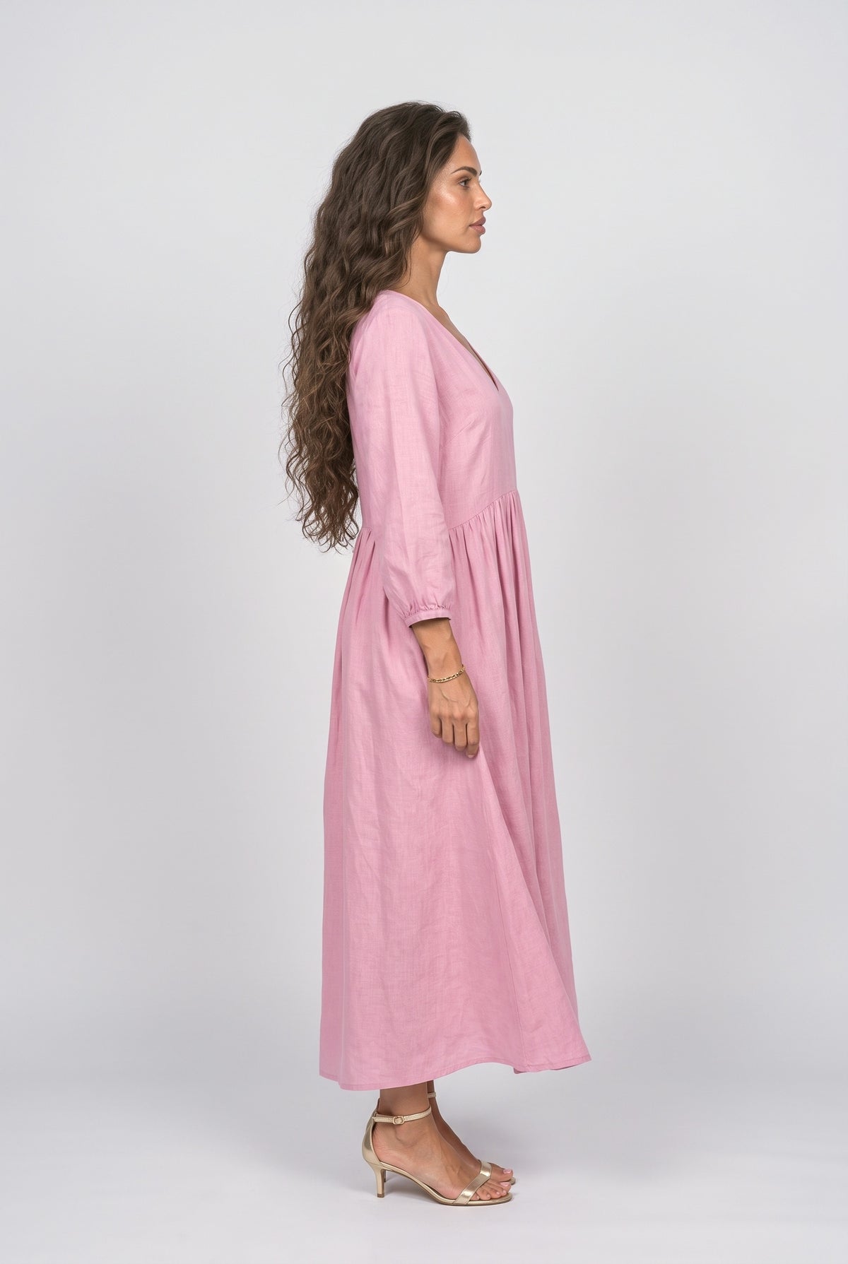 Linen V-Neck Pleated Maxi Dress, back view