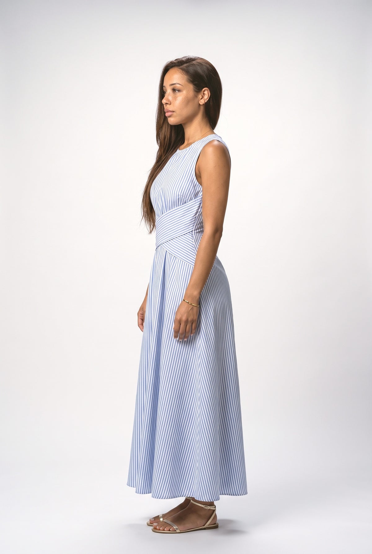 Striped Sleeveless Wrap Maxi Dress, back view