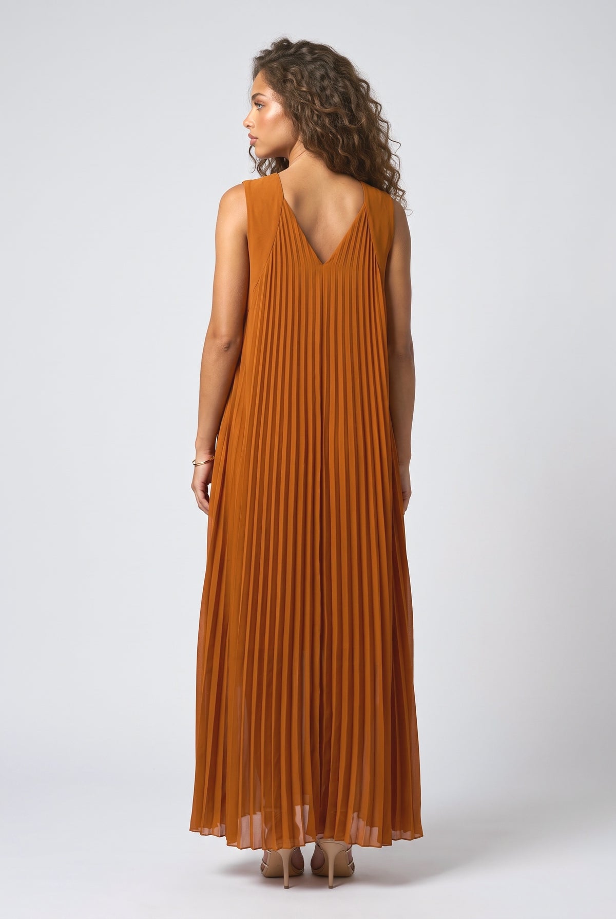Brown V-Neck Pleated Maxi Dress, back view