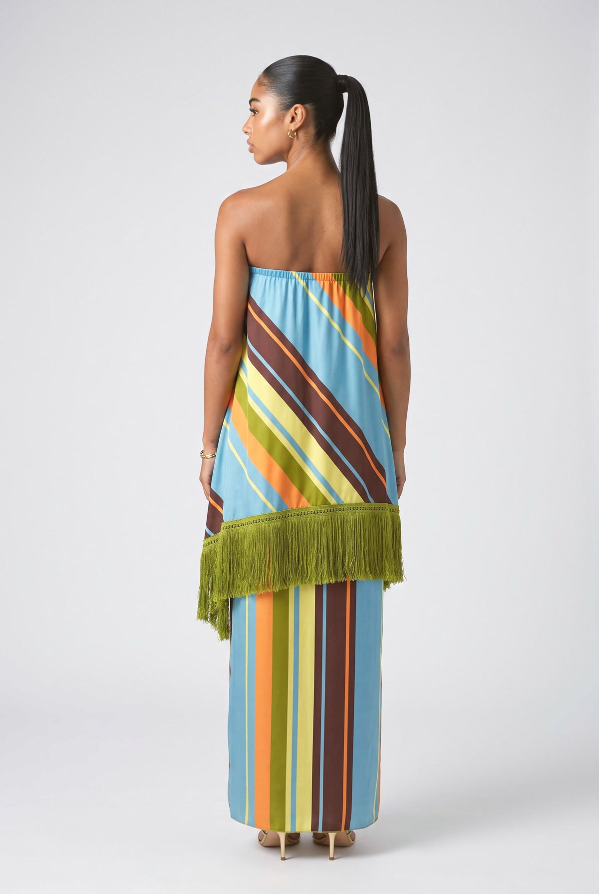 Multicolor Striped Strapless Fringe Maxi Dress, back view