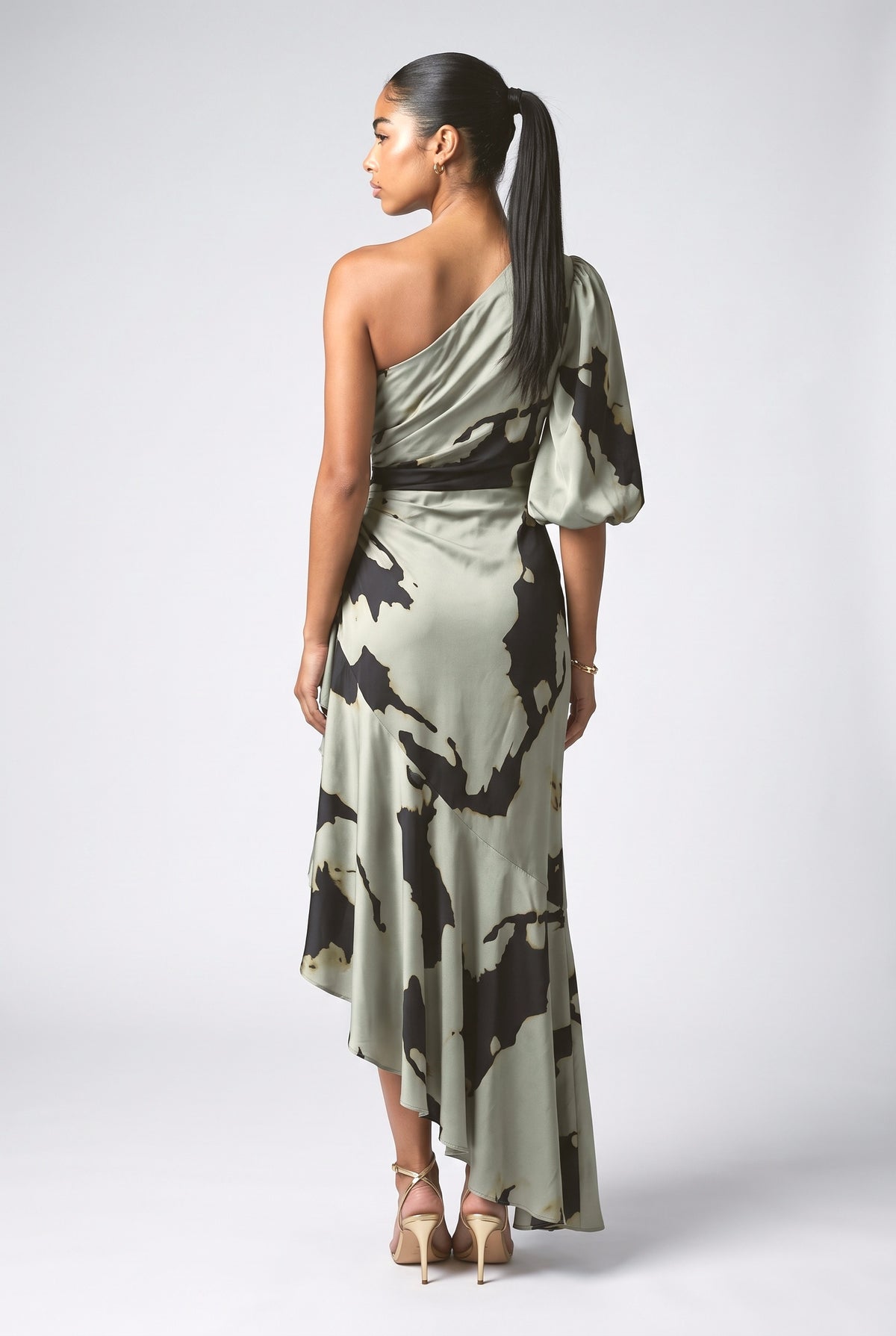 One-Sleeve Irregular Hem Maxi Dress, back view