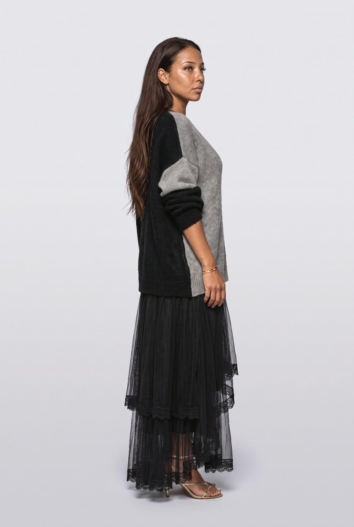 Black Mesh Colorblock Summer Dress, back view