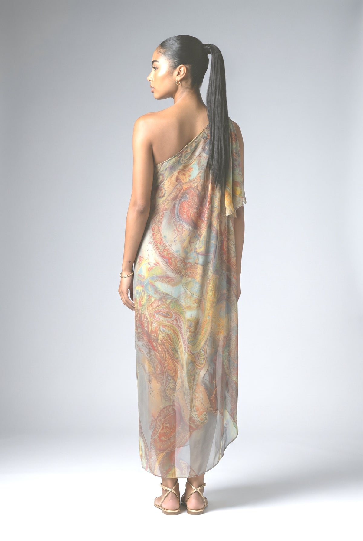 Multicolor Print Off-Shoulder Maxi Dress, back view