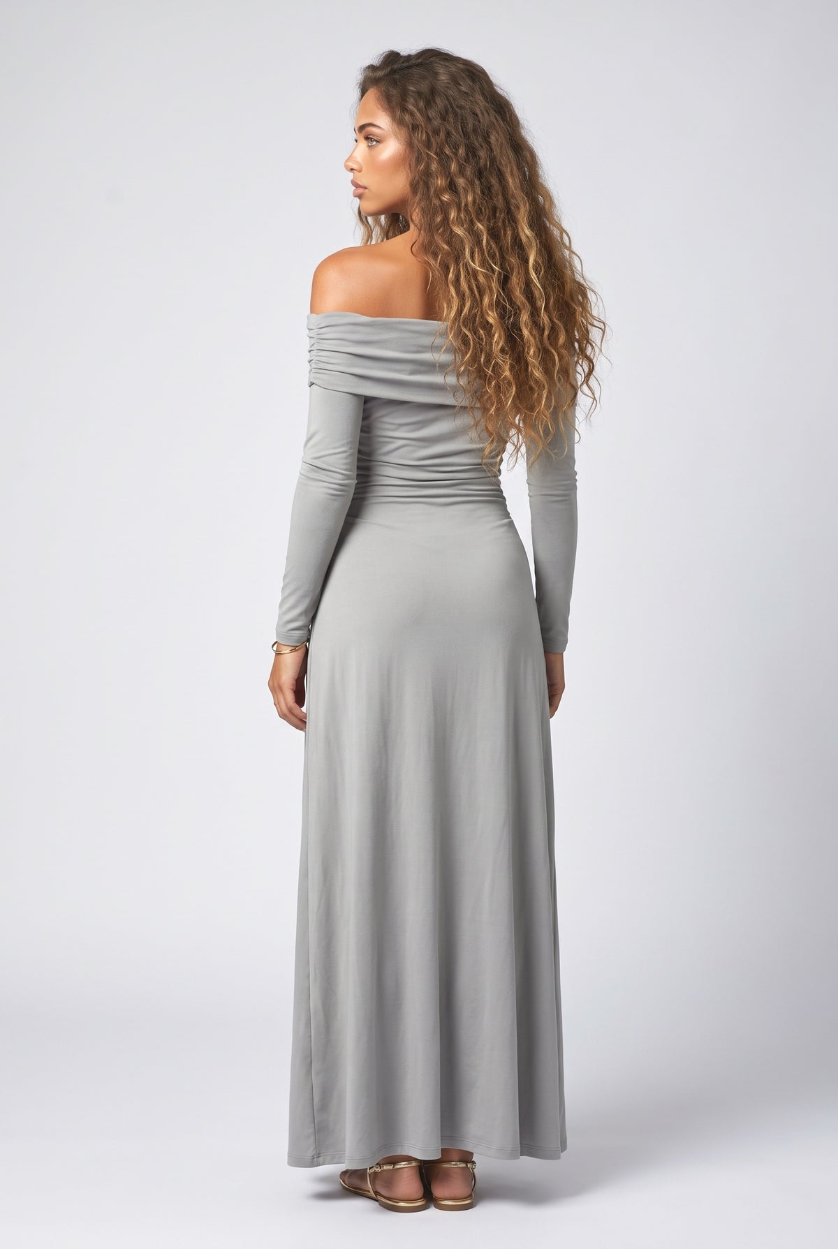 Gray Off-Shoulder Ruched Maxi Dress, back view
