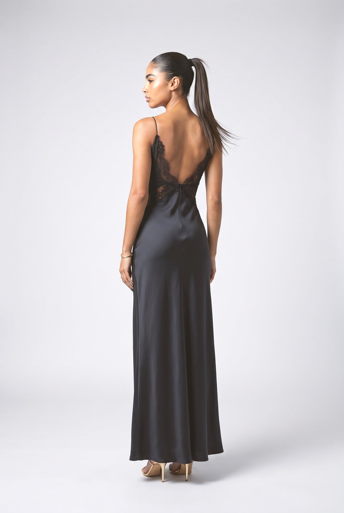 Black Satin Backless Maxi Dress, back view