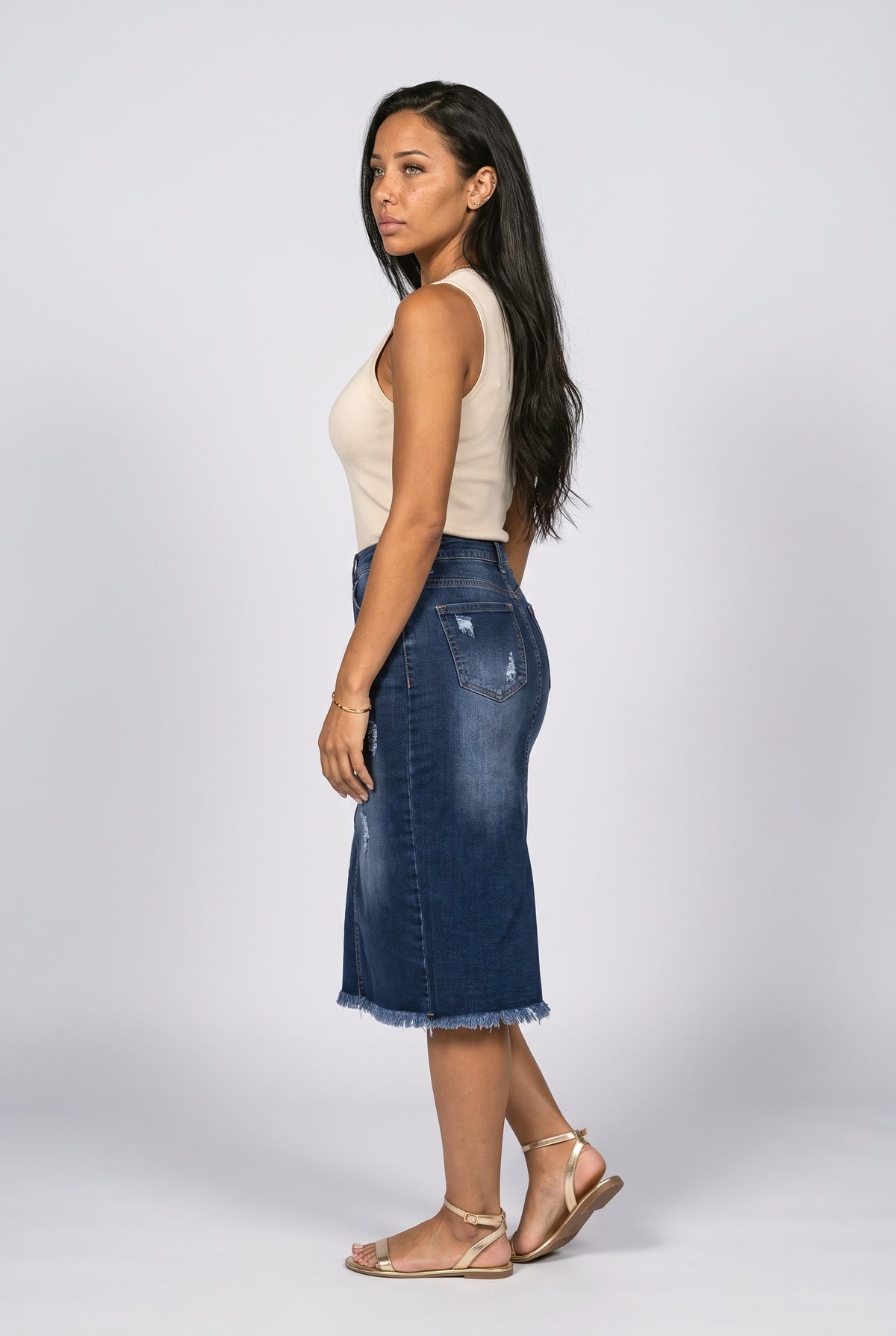 Blue Denim Midi Skirt, back view