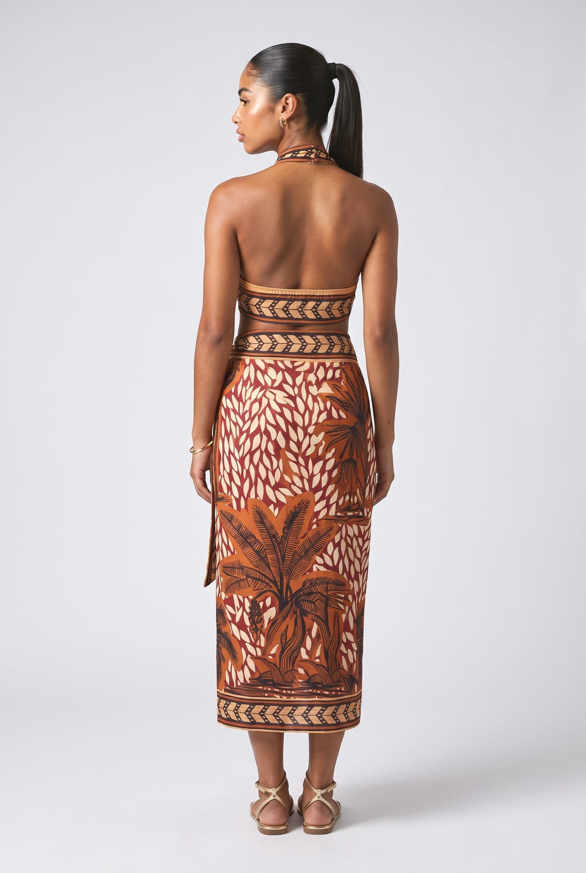 Brown Print Halter Neck Outfit Set, back view