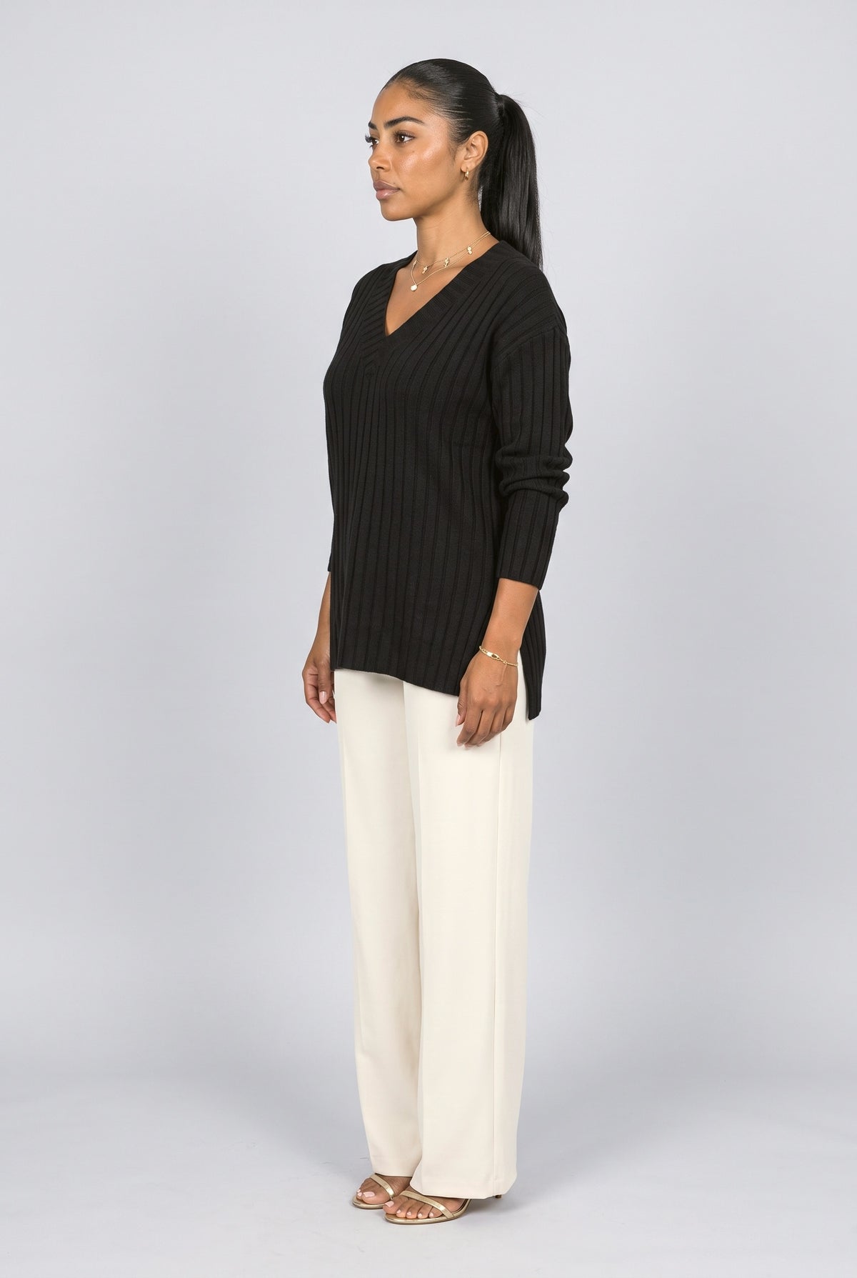 Ribbed V-Neck Pullover Sweater, back view