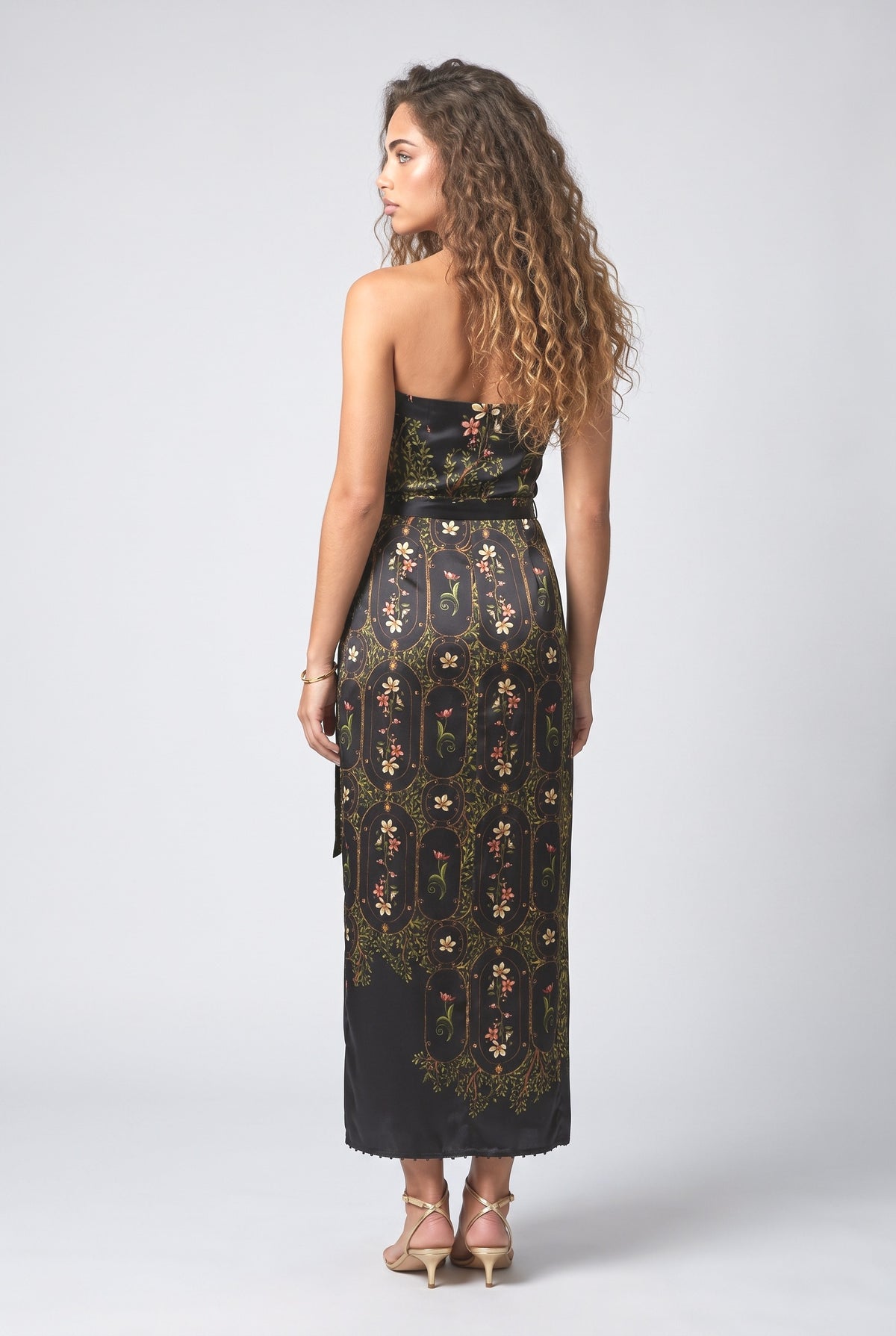 Black Print Satin Maxi Dress, back view