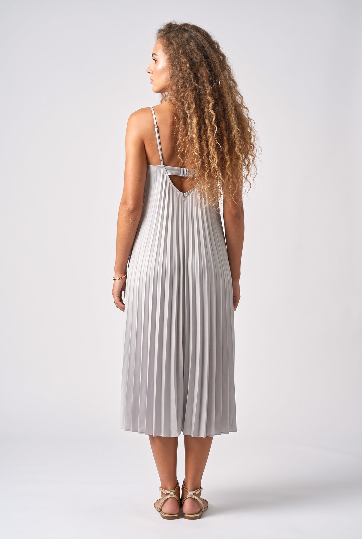 Blue Strappy Pleated Midi Dress, back view