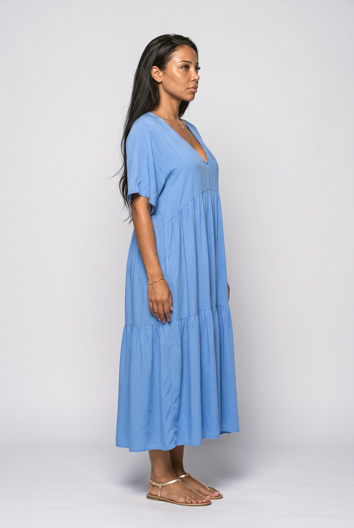 V-Neck Tiered Midi Dress, back view