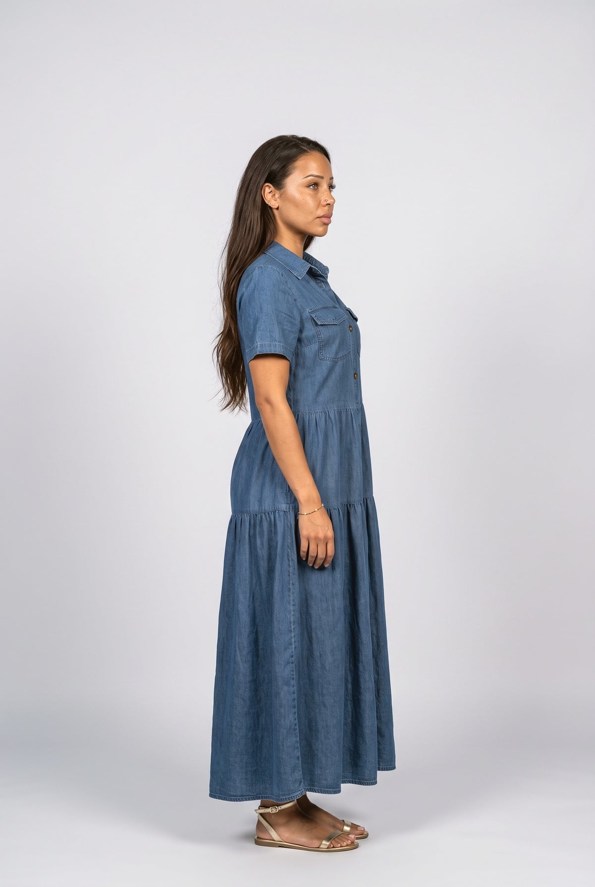 Denim Tiered Maxi Dress, back view