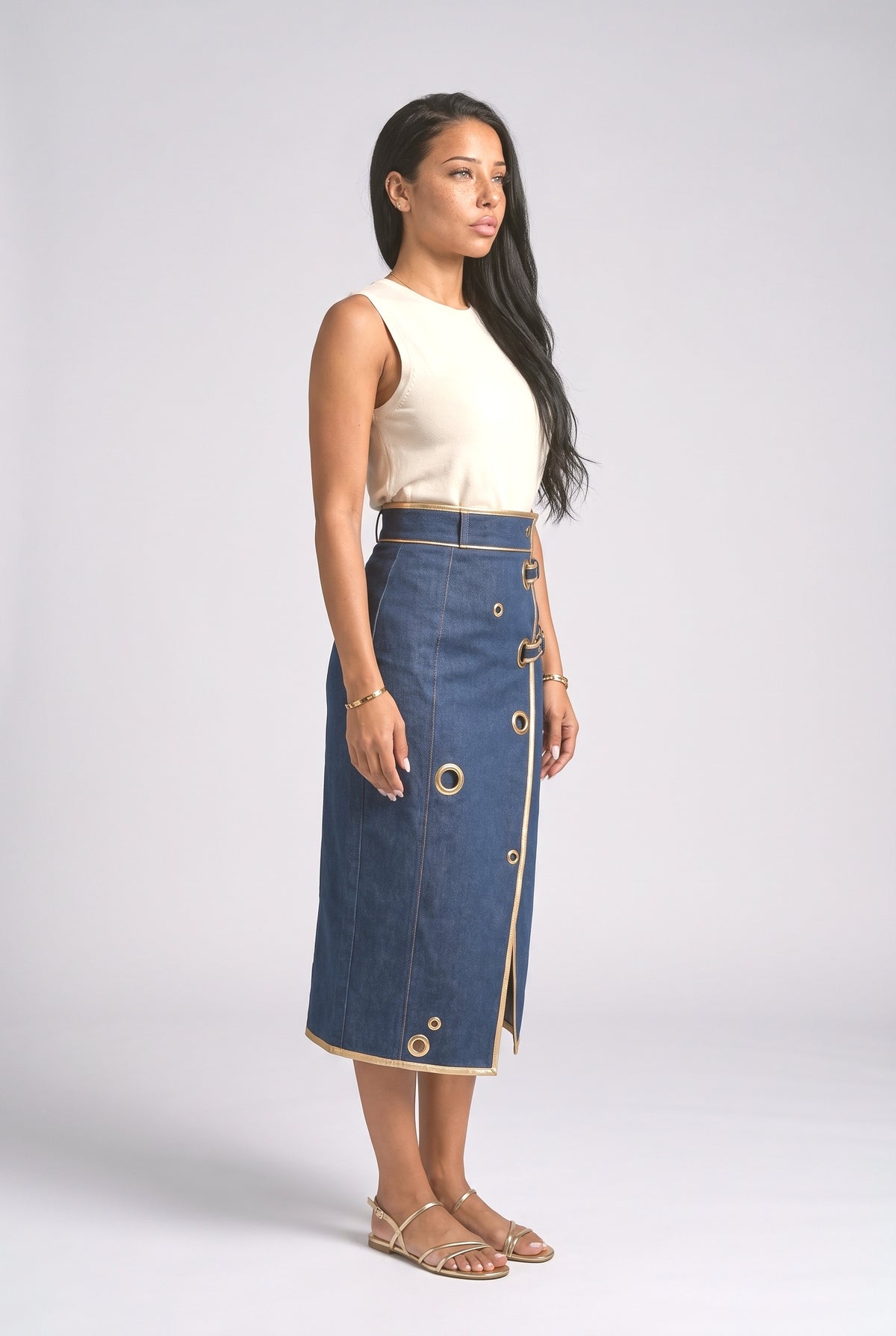 Blue Denim Wrap Midi Skirt, back view