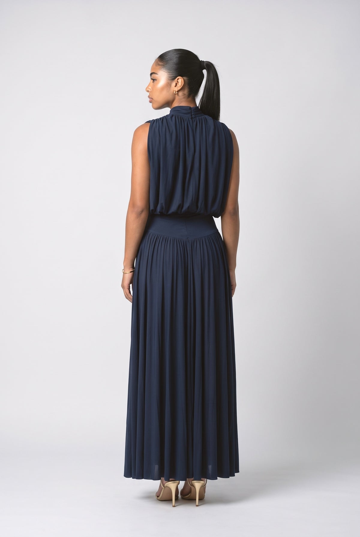 Blue High Neck Pleated Maxi Dress, back view