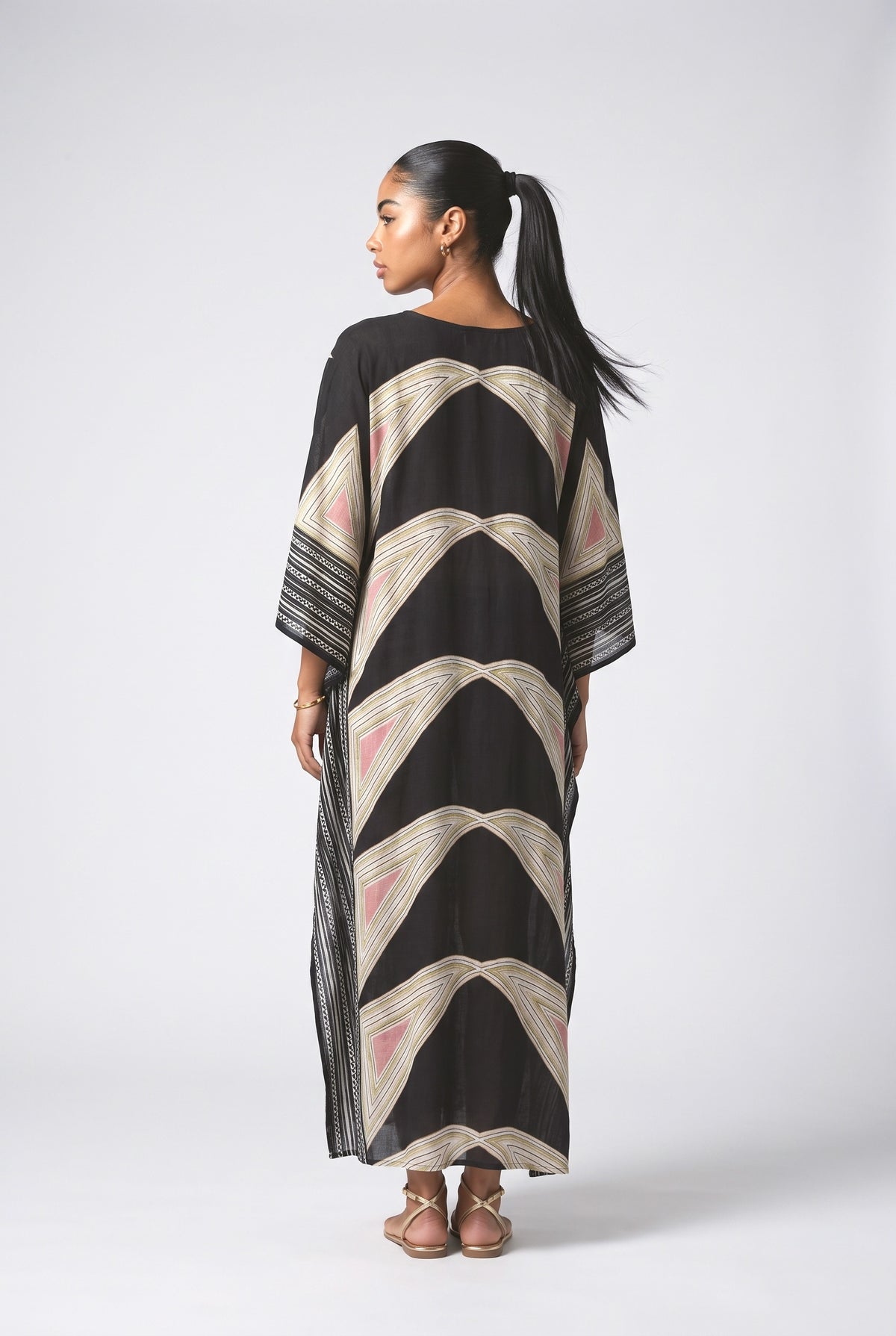 Puzzle Print Kimono Beach Maxi Dress, back view