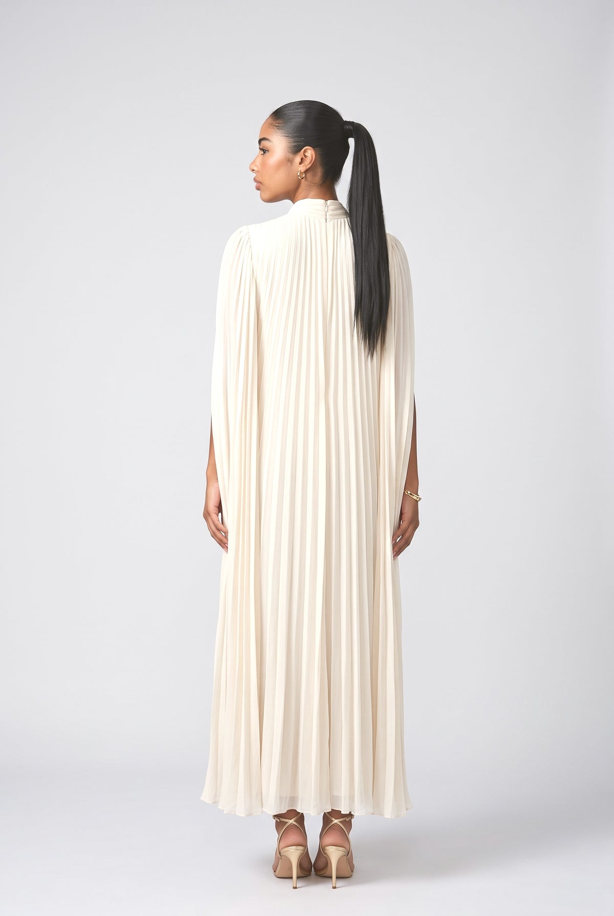 Chiffon High Neck Pleated Maxi Dress, back view