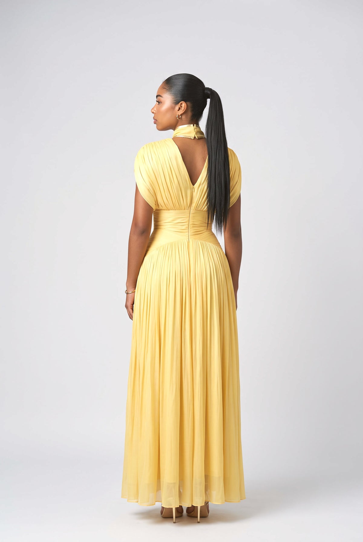 Yellow V-Neck Pleated Maxi Dress, back view