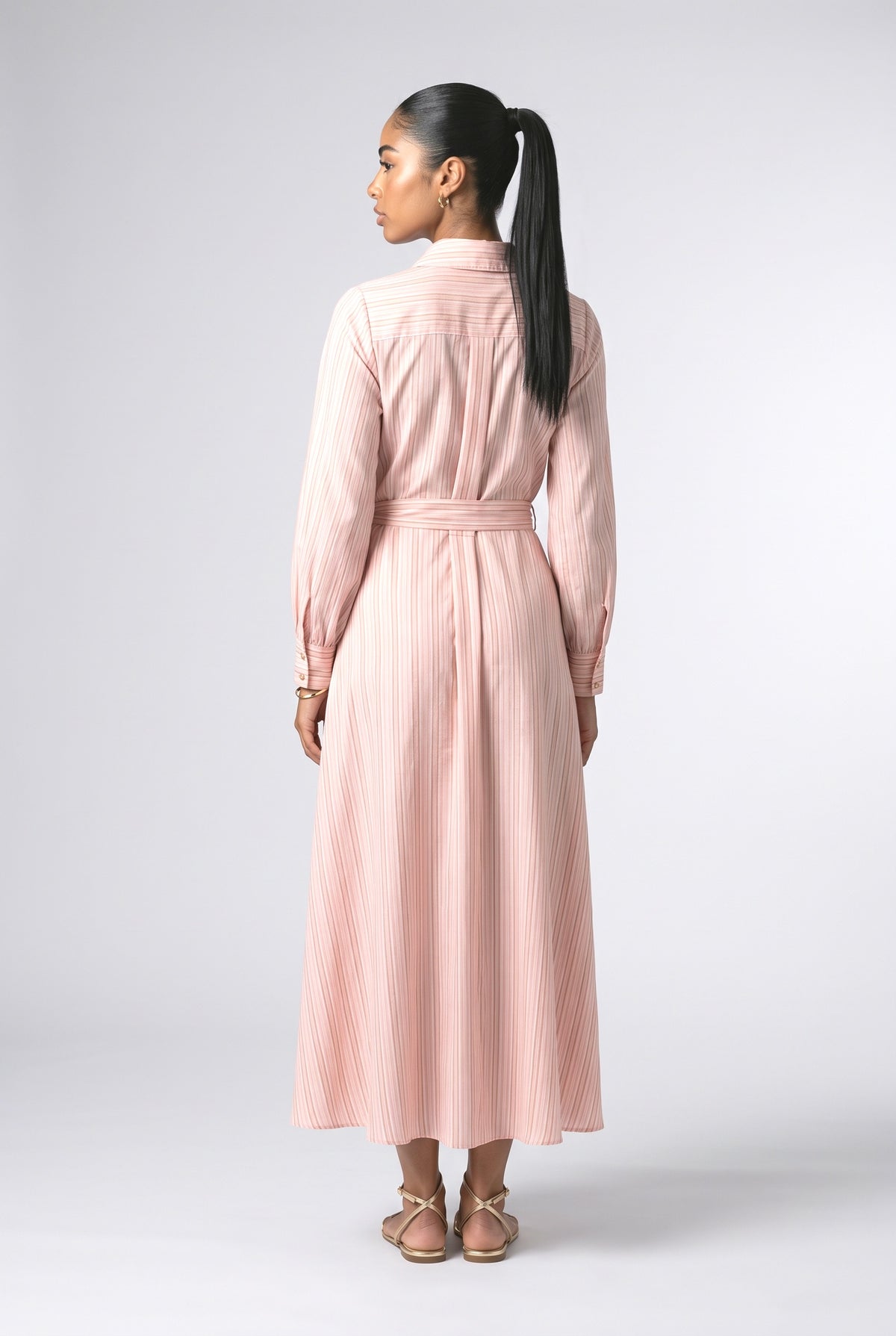 Pink Stripe Print Long Sleeve Waist Tie Maxi Shirt Dress, back view