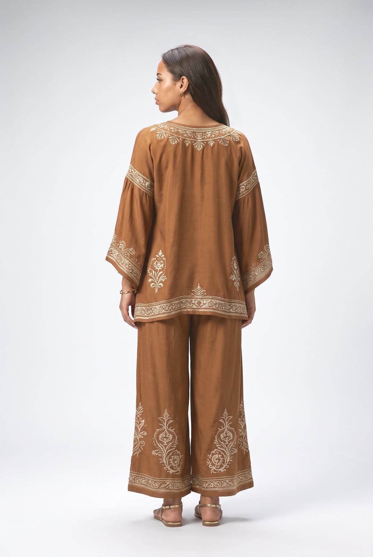 Brown Floral Batwing Sleeve Outfit Set, back view